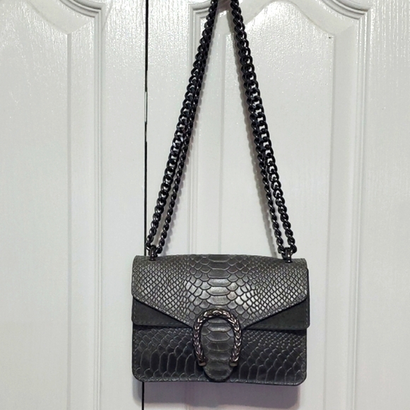 🇮🇹Borse In Pelle Gray Genuine Leather Snake-Embossed Shoulder/Crossbody Bag - Picture 3 of 16